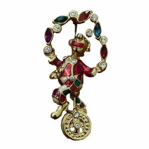 Vintage Juggling Clown Unicycle Brooch Gold Tone Enamel Faux Diamonds